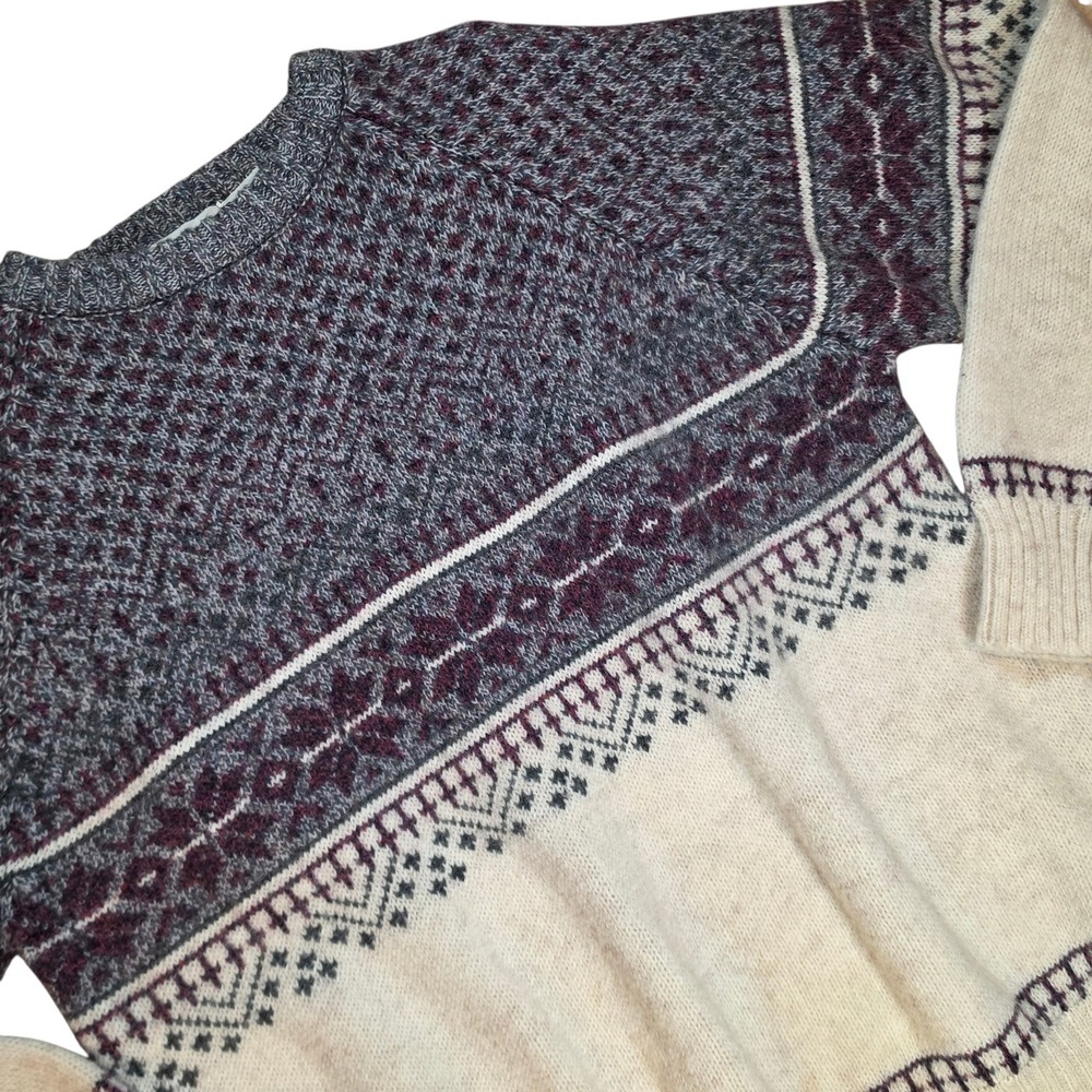 Vtg McGregor Womens XL Sweater Cream Grey Burgundy Fair Isle Nordic Wool Blend